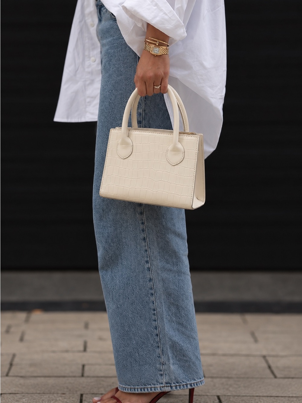 Classic Cream Croc-Embossed Top-Handle Bag